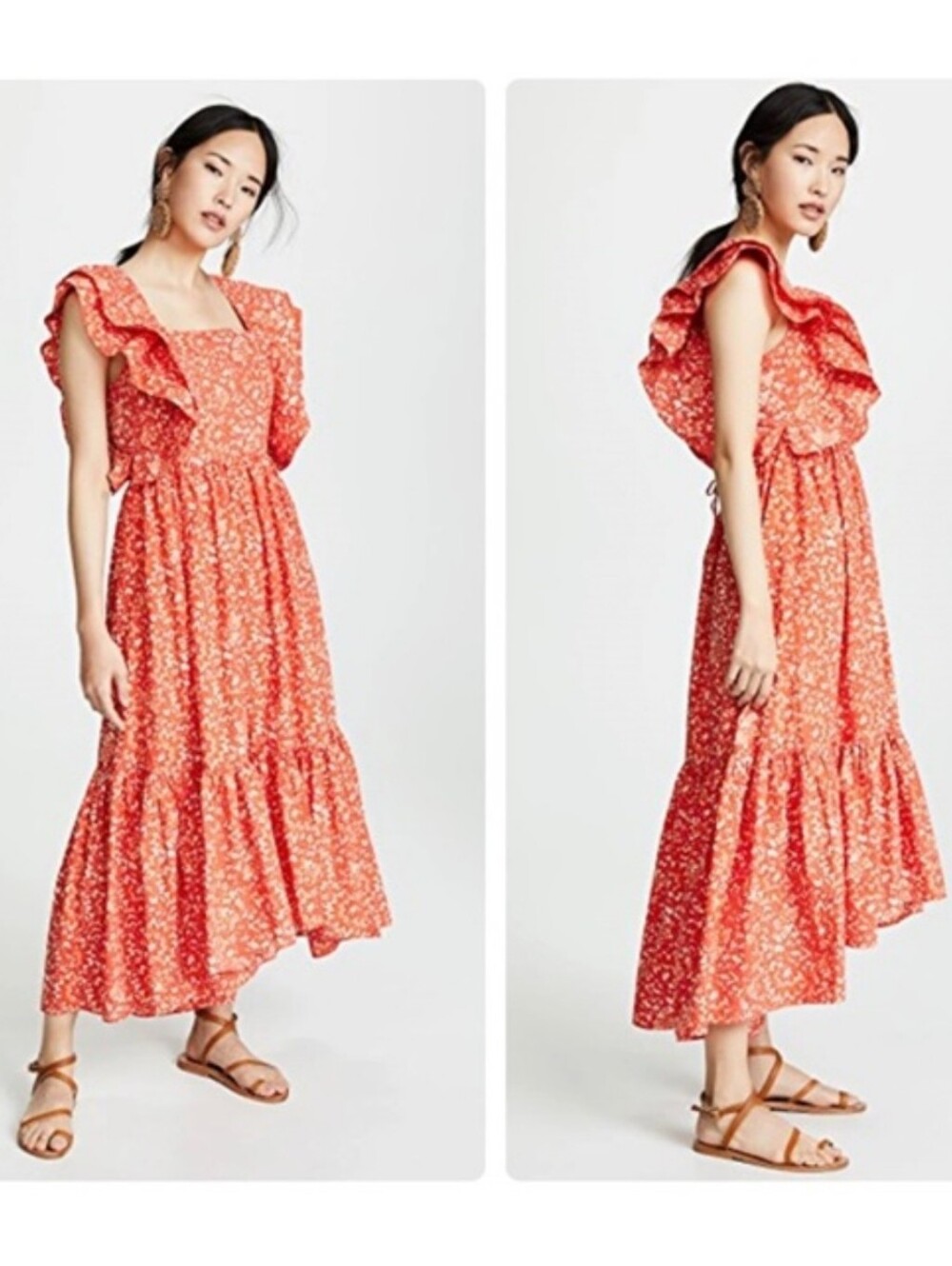 Ulla Johnson Coral Floral Ruffle Maxi Dress Lace Up Peasant Cotton 10